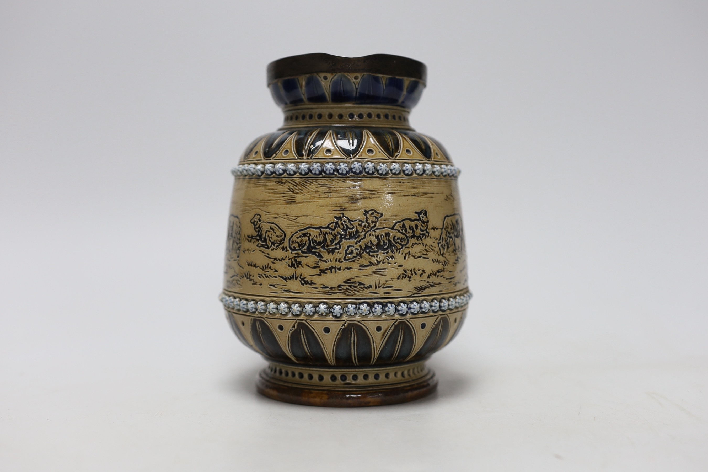 Hannah Barlow for Doulton, a silver mounted stoneware jug,16cms high